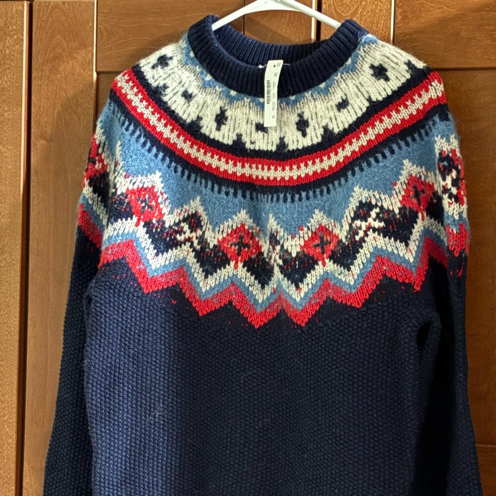 J Crew Zig Zag  Sz M Faire Isle Wool Alpaca Blue Sleeve balloon Sweater